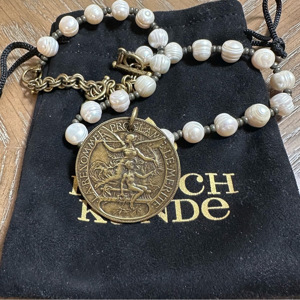 French Kande Bronze Medallion Necklace with Pearl Beads